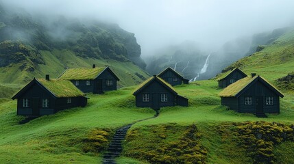 Obraz premium Picturesque Icelandic Turf Houses in a Misty Mountain Valley