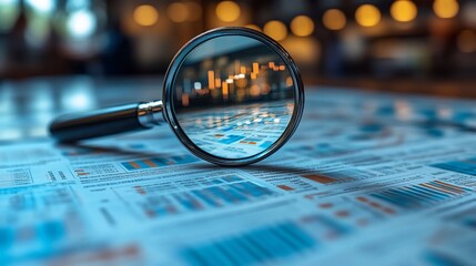 Magnifying glass over financial charts.