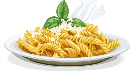 Steam rising from a plate of whole wheat pasta spirals, garnished with fresh basil and parmesan on a white background.