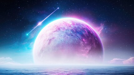 Celestial body over calm ocean at night; space fantasy art; ideal for sci-fi projects