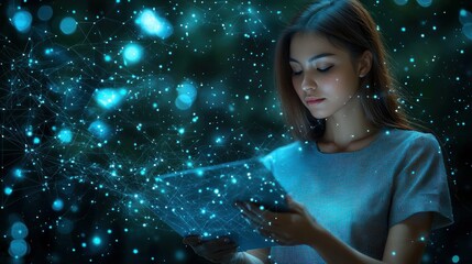 Woman Exploring Digital Network: Futuristic Technology and Connectivity