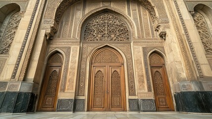 Fototapeta premium The entrance of Kibuli Mosque, with beautifully carved doors and intricate Islamic patterns.