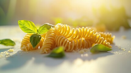 Naklejka premium Whole wheat pasta spirals on a white table, garnished with basil and parmesan, captured in soft natural light.