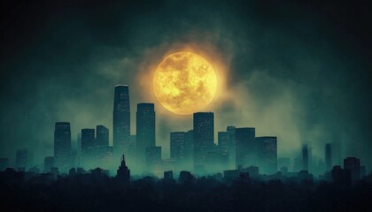 Fototapeta premium Polluted Air Cityscape Silhouetted Buildings Under Full Moon Sky Fog