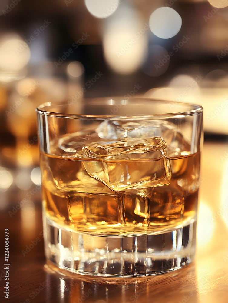 Poster elegant glass of whiskey with ice on wooden table for a relaxing evening experience : generative ai