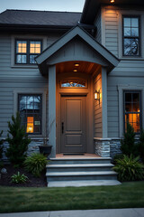 Modern House Exterior at Night: Gray Facade, Stone Accents, and Landscaped Entrance