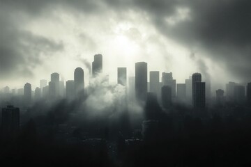 Fototapeta premium Polluted Air City Skyline Obscured by Dense Fog and Haze at Dusk