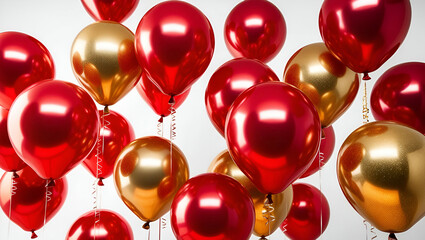 A collection of vibrant red and gold festive balloons floating together