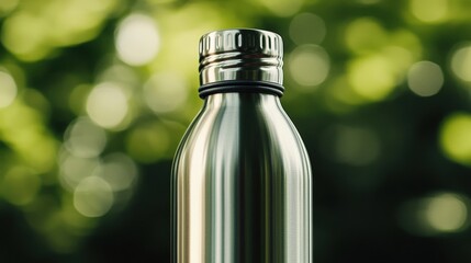 Metallic Water Bottle Close Up on Nature Background with Blurred Green Bokeh Effect for Refreshment Concepts