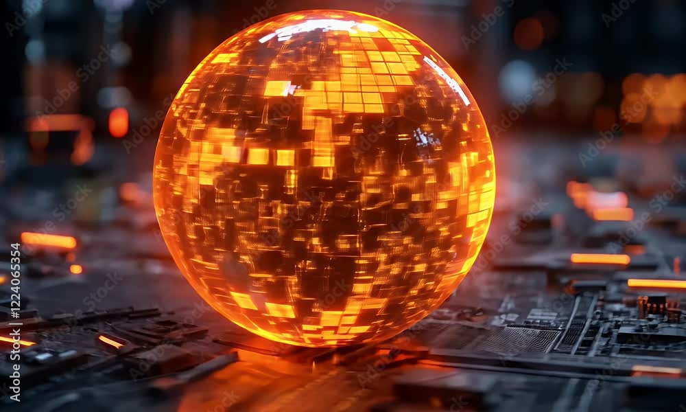 Poster glowing orb on circuit board, futuristic tech