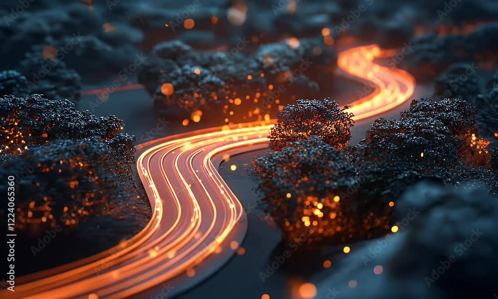 Poster glowing path winding through digital forest