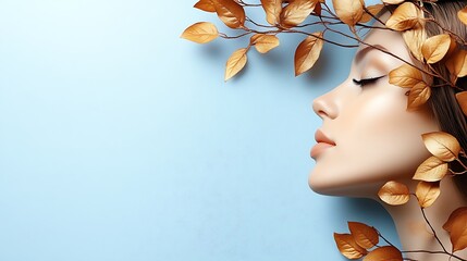 Woman Profile Adorned with Golden Leaves