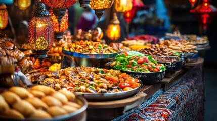Fototapeta premium A vibrant Ramadan market with food stalls offering traditional dishes and shops displaying handcrafted jewelry, fabrics, and lanterns, creating a festive atmosphere.