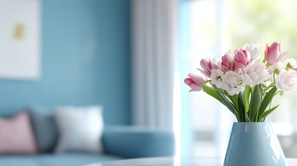 Bright Modern Blue Living Room with Blurred Panorama: Sofa and Flowers Creating a Warm and Inviting Atmosphere