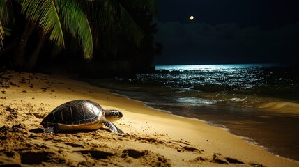 A turtle on a moonlit beach, highlighting nature's beauty at night.