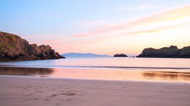 Serene coastal sunset beach scene with calm waters, rocky outcrops, and distant mountains; ideal for travel, tourism, or relaxation promotion