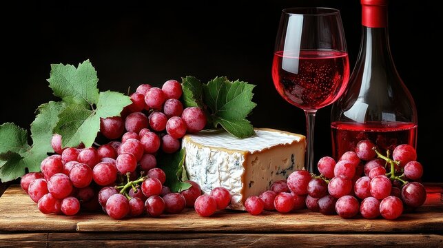 Still Life of Red Grapes, Cheese, and Ros? Wine