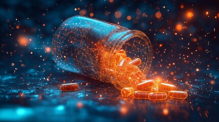 Digital Orange Capsule Bottle in Futuristic Network with Spilled Pills