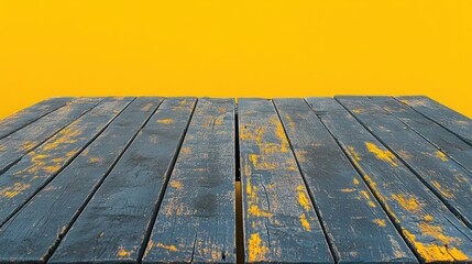 Rustic wooden table against yellow background.