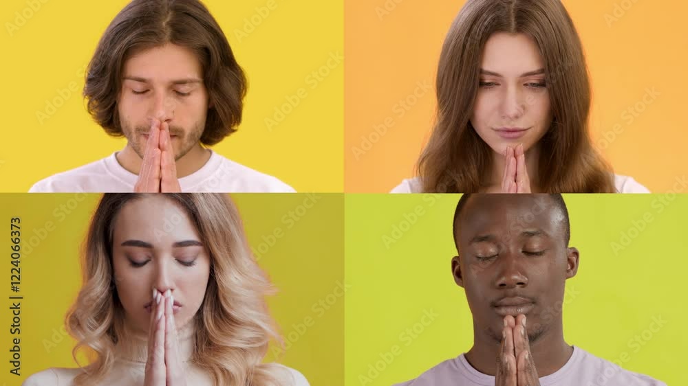 Poster Four diverse individuals display various emotions with close-up gestures on their faces. The bright colors in the background highlight their expressions and connection.