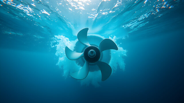A large propeller spins underwater, creating a swirling vortex of bubbles and a dynamic display of motion.