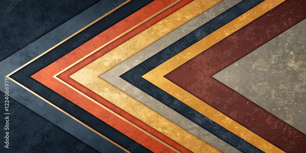 Poster a series of triangles in various colors and sizes, with gold accents