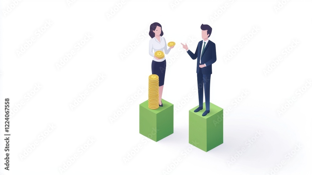 Poster A woman and a man stand on green blocks, representing financial growth, with the woman holding coins and the man gesturing confidently.