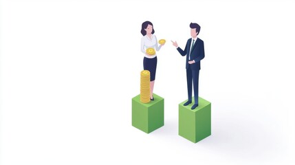 A woman and a man stand on green blocks, representing financial growth, with the woman holding coins and the man gesturing confidently.