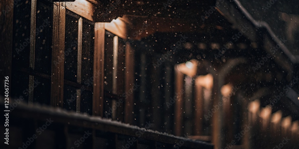 Poster a snowy scene with a wooden structure in the background