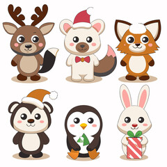 Obraz premium Cute Christmas animals cartoon illustration. (1)