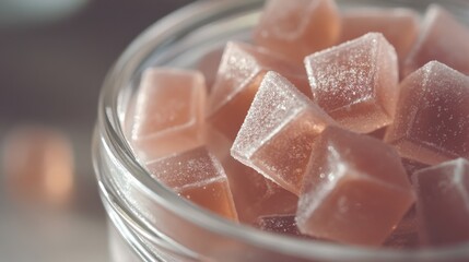 Fototapeta premium A jar filled with translucent pink gummy candies, showcasing their glossy surfaces and geometric shapes, inviting a closer look at their texture.