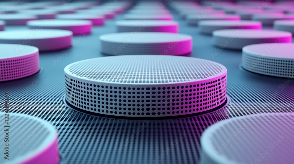 Poster abstract 3d render of white cylinders on a textured surface with pink and blue lighting.