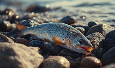 Obraz premium Freshly caught trout on rocky shore with gentle waves in background, ideal for fishing or nature themes
