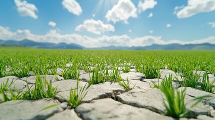 Grass sprouting through stone path, sunny landscape