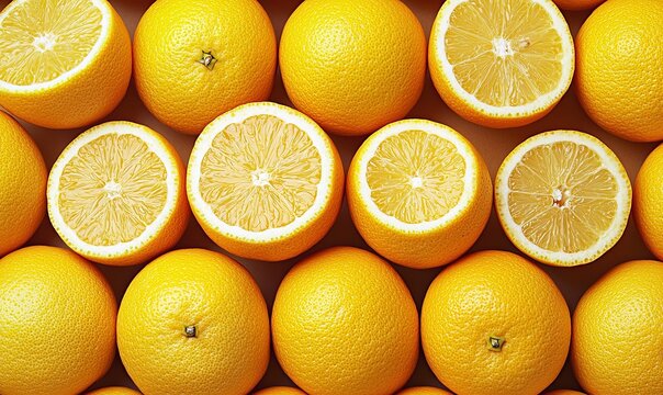 Freshly cut oranges and whole oranges arranged in rows, overhead view, ideal for food backgrounds