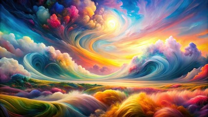 Abstract pattern of swirling colors and shapes in a dreamy landscape, shape patterns, mesmerizing visuals, ethereal landscape, surrealism, abstract art