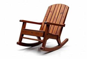 Teak Chair, Ultra-Realistic, Isolated White, Product Photography, Detailed, Sharp Focus, High Resolution, Rocking Chair, Furniture, Studio Shot.
