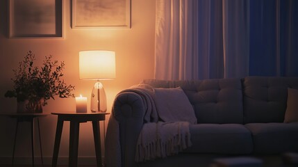 Cozy Grey Sofa and Glowing Lamp: Creating a Warm and Inviting Atmosphere in the Living Room Interior