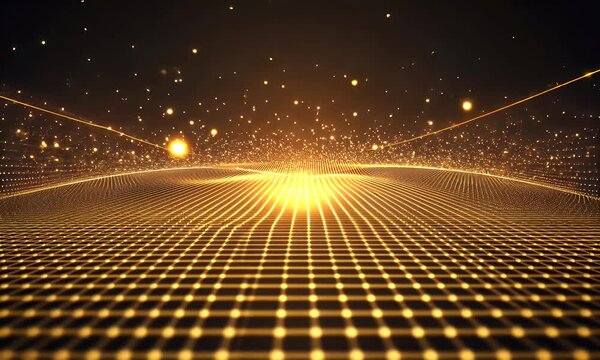 Golden grid landscape, glowing particles, dark background, digital art, website header
