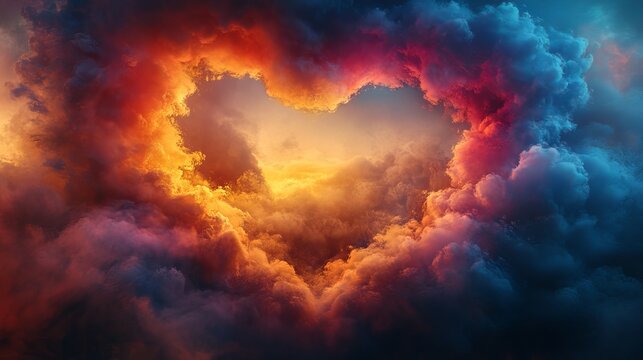 Colorful valentine’s day heart shaped clouds with vibrant colors, abstract background in hyper-realistic photography, high-resolution detail