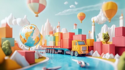 Global Cargo Delivery: A Colorful 3D Illustration of Worldwide Shipping and Transportation