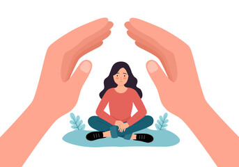 Psychology support or psychological safety concept. Hands helping, caring and protecting woman. Mental health. Social aid in flat design vector illustration