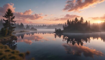 Obraz premium Aerial photography of wispy clouds and misty sunsets over a serene lake, water, horizon, landscape