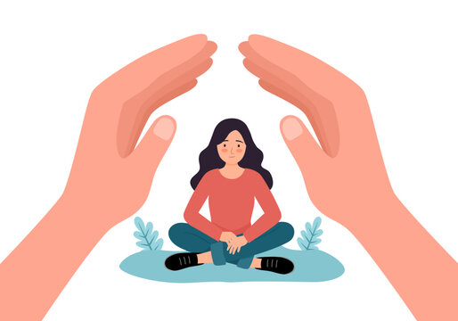 Psychology support or psychological safety concept. Hands helping, caring and protecting woman. Mental health. Social aid in flat design vector illustration