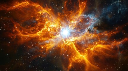 A vibrant cosmic explosion showcasing bright colors and swirling gases in space.