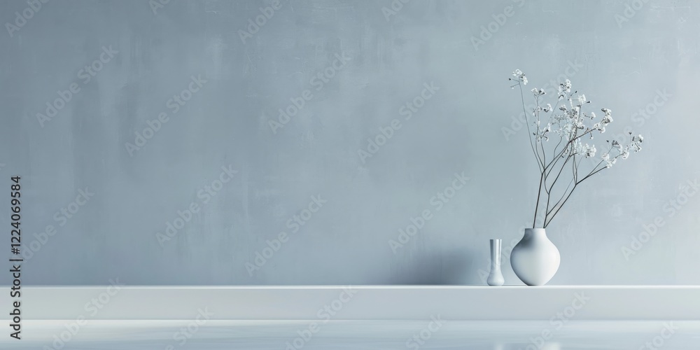 Poster a minimalist aesthetic featuring a light misty blue backdrop, minimalist design elements arranged as