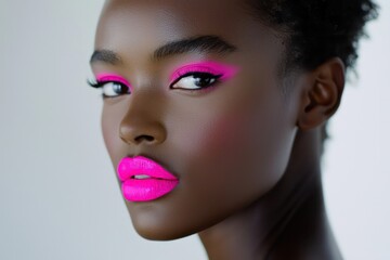A close-up shot of a model with neon pink lipstick, her lips bold and vivid against a pristine white background, creating an eye-catching contrast