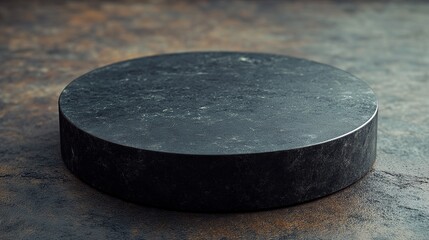 Dark stone display platform on rustic surface; product presentation