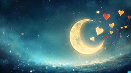 Naklejka premium Dreamy night sky, ethereal crescent moon surrounded by soft clouds and glowing stars, perfect for calming backgrounds or themes.