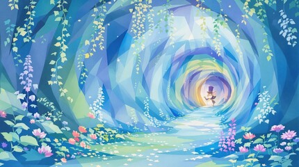 Alice in Wonderland themed watercolor artwork featuring the White Rabbit leading the way down the rabbit hole, whimsical, rabbit hole
